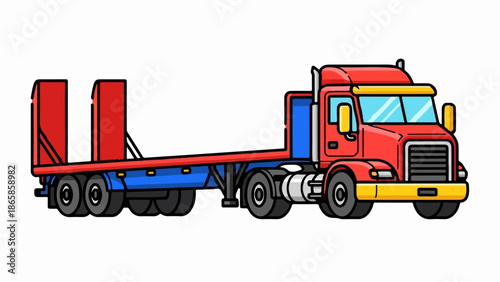 Red and blue flatbed trailer truck with empty red uprights on the back
