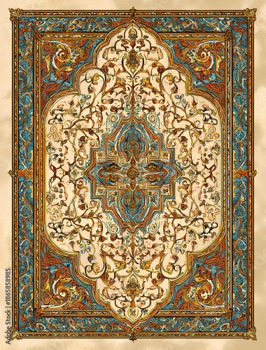 an intricate persian rug design with ornate patterns and vibrant colors, suitable for digital art or scrapbooking clipart.