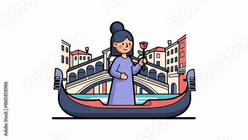Woman in gondola holding rose, iconic bridge and buildings behind