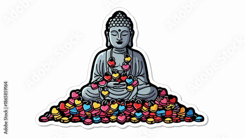 Buddha sits cross-legged, adorned with heart-shaped locks, surrounded by colorful heart locks