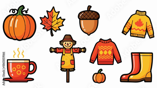 Autumnal icons pumpkin, maple leaf, acorn, sweaters, scarecrow, cup, boots