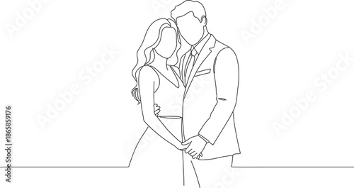 Continuous Line Drawing of a Couple Embracing, Romantic Wedding Silhouette