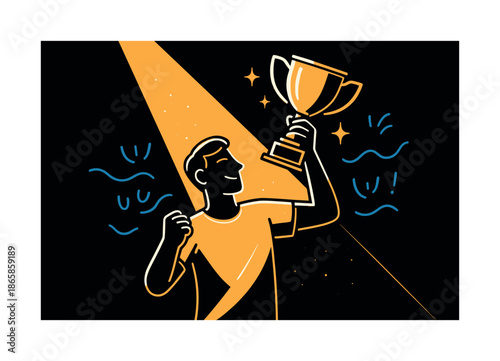 Champion's Trophy Triumph. Champion moment. A winner lifts a trophy as a spotlight cuts through darkness; shimmering accents highlight their pose. Abstract