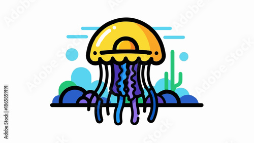 Stylized yellow jellyfish with colorful tentacles in a surreal, abstract seascape