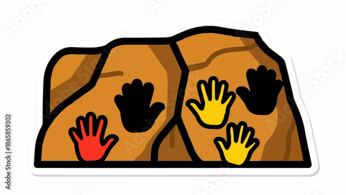 Cartoon cave wall with colorful handprints, a sign of ancient human presence and art