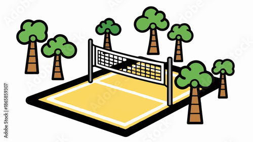 Stylized beach volleyball court with palm trees