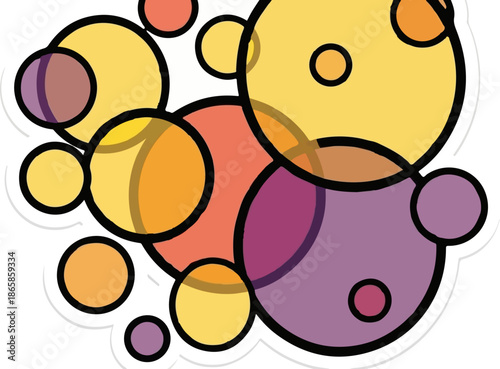 Abstract arrangement of overlapping, translucent circles in warm hues, outlined in black