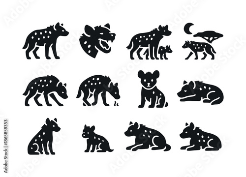 Spotted Hyena Icons. Spotted hyenas. Solid icon set of Spotted hyenas: spotted coat, strong shoulders, laughing mouth, family group, female leader, night