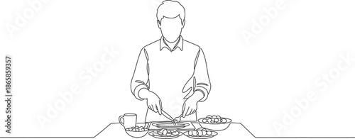 Detailed Line Art Illustration of a Man Skillfully Preparing a Healthy Meal by Chopping Ingredients on a Kitchen Table, Emphasizing Culinary Activity
