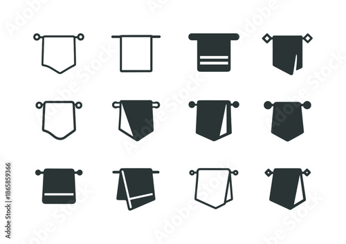 Towel Drying Icons. Hanging a towel to dry. Icon set. Set Logo of hanging a towel to dry: drying rack symbol. harmonious logo variations of the same emblematic
