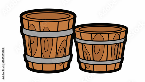 Two rustic wooden buckets, one tall and one short, bound with metal bands