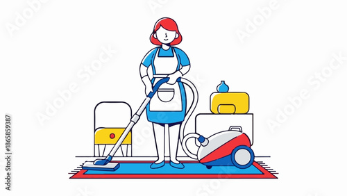 A cartoon cleaner with red hair vacuums a rug next to furniture