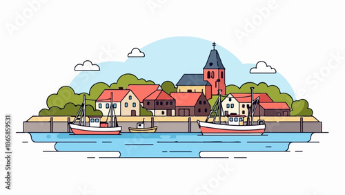 A simplified depiction of a harbor town with boats, buildings, and green hills under a blue sky