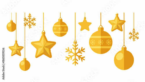 Golden Christmas ornaments and snowflakes hang against a white background