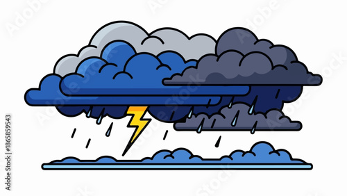 Stormy clouds unleash lightning, heavy rain, and dark skies, with a lower layer of blue clouds