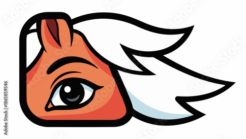 A stylized orange character's eye and white hair on a white background