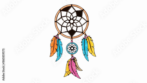 A colorful dreamcatcher with intricate webbing and decorative feathers