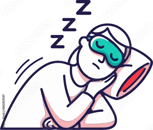 A simplified illustration depicts a person wearing a sleep mask, resting on a pillow, with "Zzz" symbols floating above them