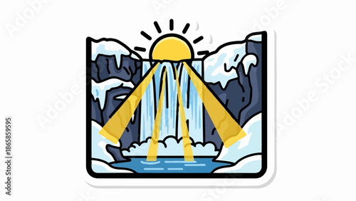 Stylized sunbeams illuminate a cascading waterfall amidst snow-covered rocky cliffs into a serene pool