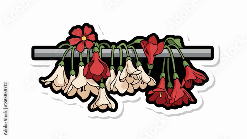 Red and cream bell-shaped flowers hang downwards from a horizontal bar