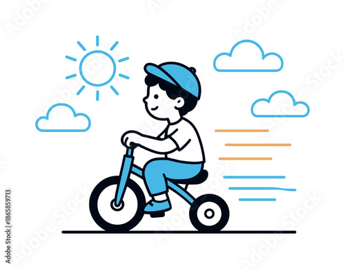 Tricycle Under Sunny Skies. Sunny day trike ride. A bright sun icon hovers above as the kid pedals; soft geometric clouds drift by. Warm motion lines follow.