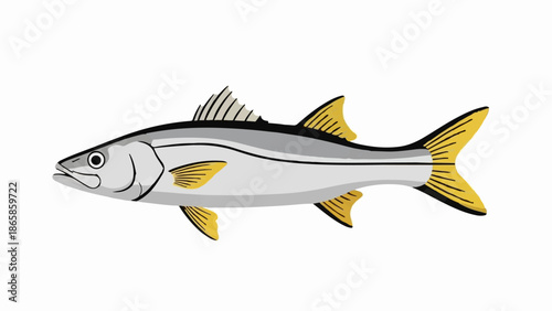 A simplified, stylized illustration of a silver fish with yellow fins and tail