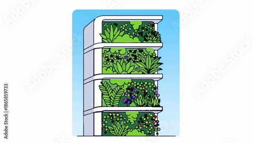 A modern building facade adorned with lush, tiered vertical gardens