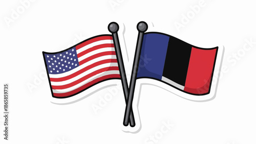 Two crossed national flags, one with stars and stripes, the other with vertical blue, black, and red