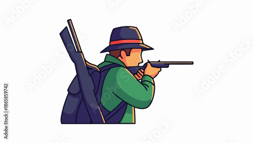 A person in a hat and green shirt aims a rifle, with a gun case on their back