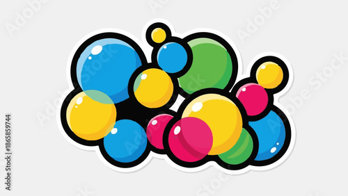 A vibrant cluster of glossy, multi-colored spheres, resembling bubbles, arranged in a playful design against a light background