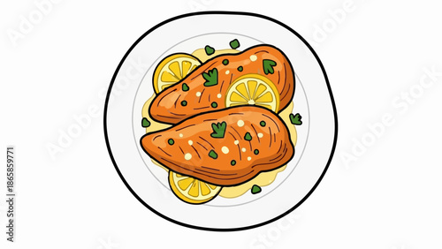 Two cooked chicken breasts served with mashed potatoes and lemon slices