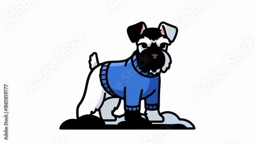 A cartoon dog with a beard, black and white fur, wearing a blue sweater