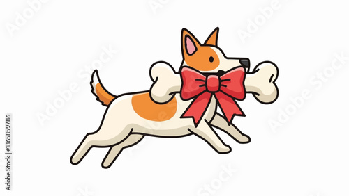 Animated dog in mid-leap, holding a large bone with a festive red bow