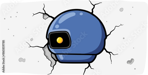 A blue, spherical robot with a single yellow eye is breaking through a cracked, grey wall