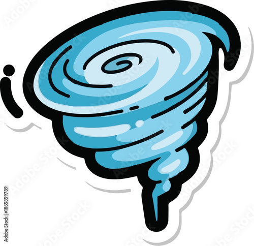 A cartoon illustration of a swirling blue tornado with a black outline, against a white background