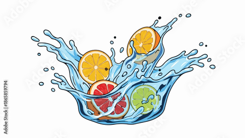 Citrus fruits splashing into vibrant blue water, a refreshing burst of color