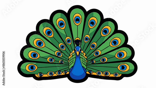 Vibrant cartoon peacock displaying its large, fanned tail feathers with colorful eye patterns