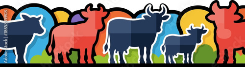 Stylized cattle in a row against a vibrant, abstract, layered background
