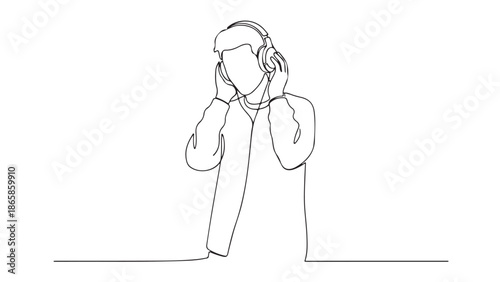 Continuous line drawing of a person enjoying an immersive audio experience with headphones