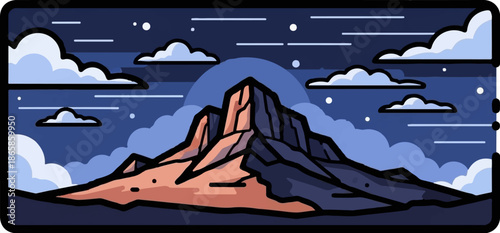 Stylized mountain peak under a cloudy, starlit night sky