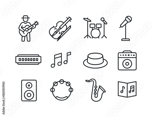 Street Music Icons. Street Musicians. Line icon set of Street Musicians: guitar player, violin icon, drum set, microphone stand, harmonica, music notes, tip