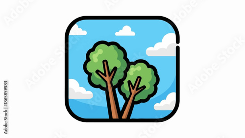 Two green trees under a blue sky with fluffy white clouds, presented in a square icon