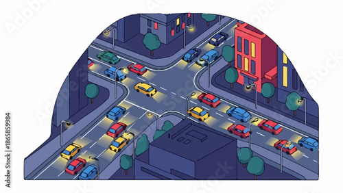 Busy city intersection at night with many cars, buildings, and streetlights