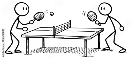 Hand drawn line art illustration of two stick figures depicting playing a game of ping pong for sport and recreation