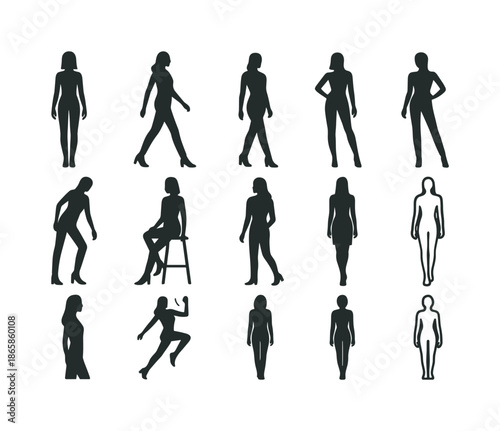 Model Pose Icons. Model poses. Solid icon set of model poses: standing pose, walking pose, turn pose, hand-on-hip pose, leaning pose, sitting pose,