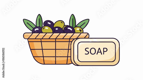 Woven basket overflowing with olives and leaves, next to a bar of soap