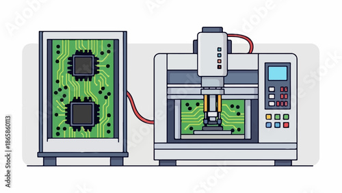 Modern manufacturing equipment, robotic arm operating on circuit boards