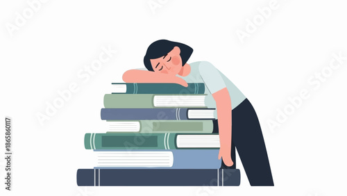 Overwhelmed person sleeping on a pile of books