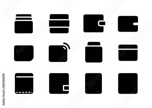 Minimalist Wallet Icons. Minimalist wallets. Solid icon set of Minimalist wallets: slim profile, card stack, elastic strap, clip-on icon, front pocket fit,