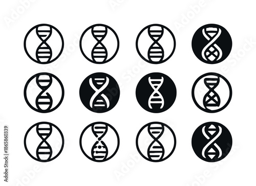 DNA Logo Variations. DNA. Icon set. Set Logo of DNA: gene sequence ring. harmonious logo variations of the same emblematic concept, each with different